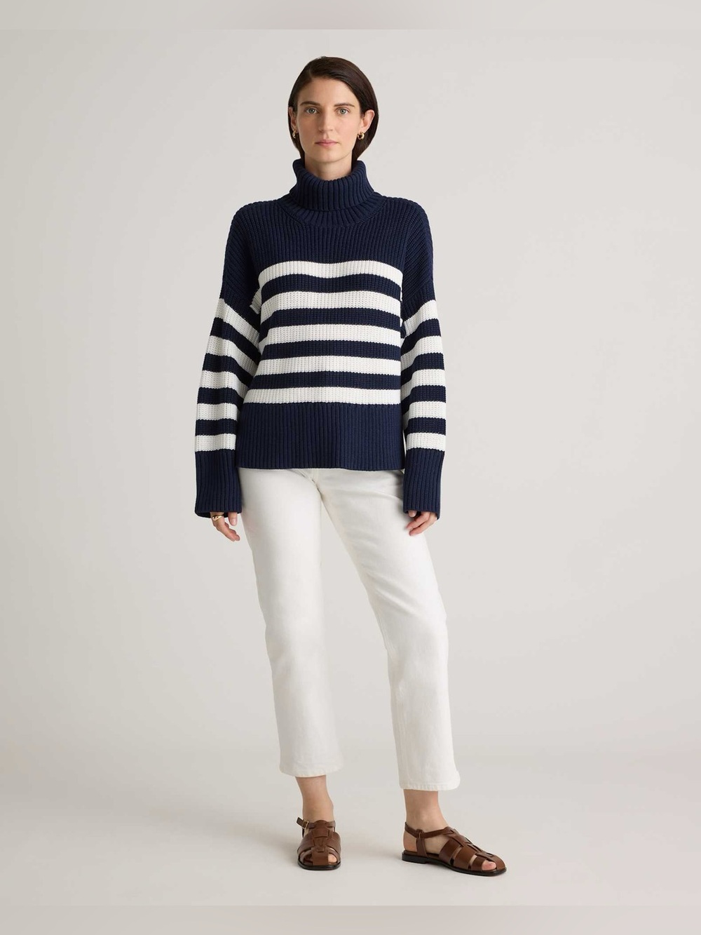 Quince 100% Organic Cotton Split Hem Turtleneck Sweater Navy White Stripe XS
